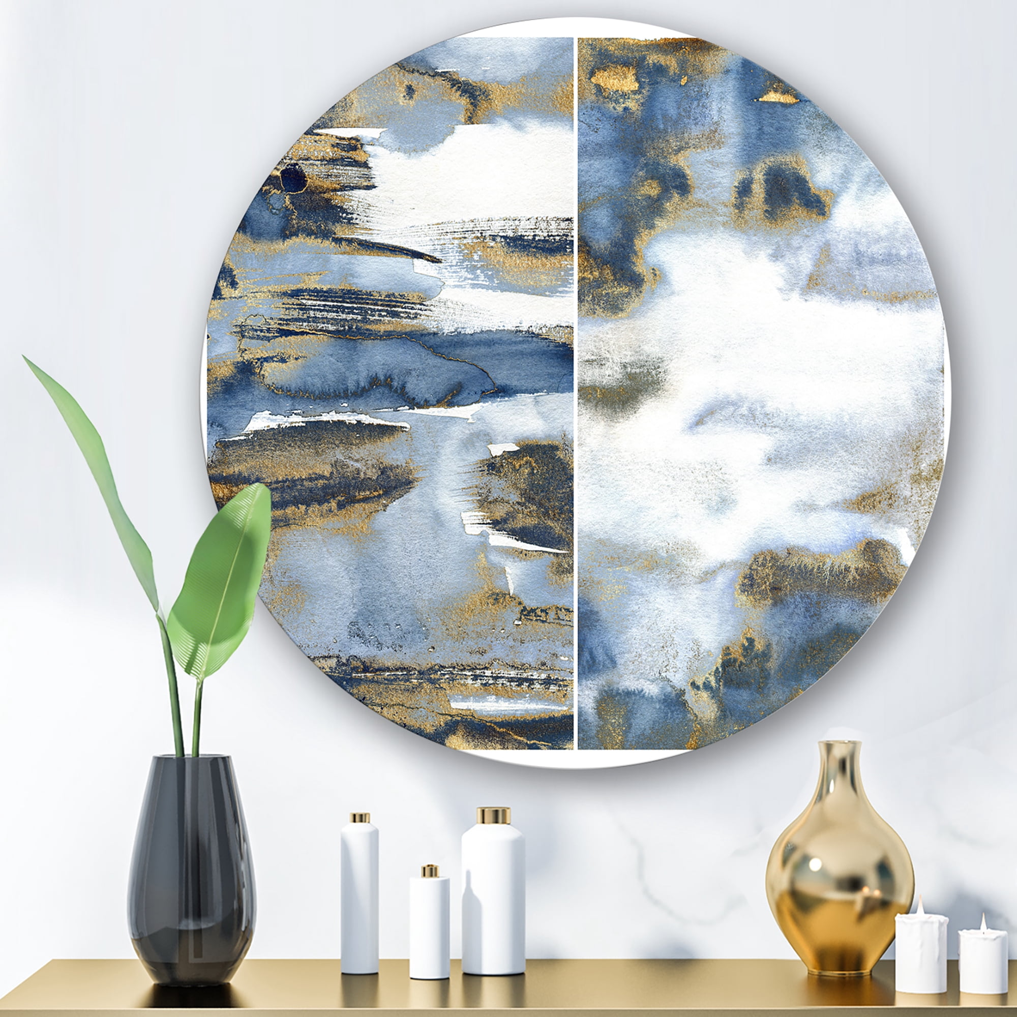 Designart 'Gold and Dark Blue Abstract Waves III' Modern Circle Metal Wall Art 23x23 - Disc of 23