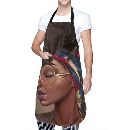 

BAIFUMEN Afro African Women Lady Adjustable Bib Apron Waterdrop Resistant with Pockets Cooking Kitchen Aprons for Women Men Chef (33 x 28 Inches) C49