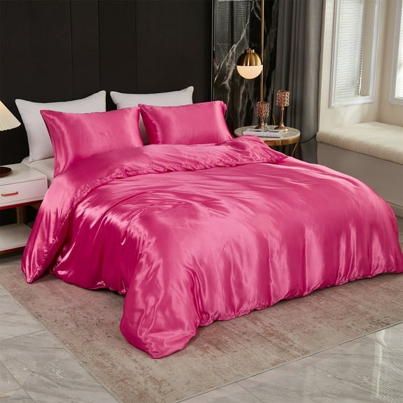 Move Over Rose Red Duvet Cover Set King Silk like Satin Bedding Sets Solid Color Pattern Silky Microfiber No Filling