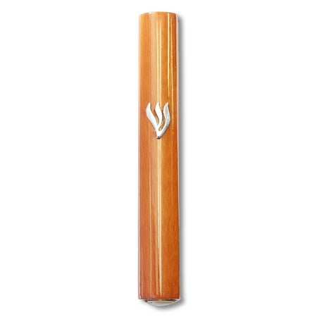 - Mezuzah Case - Light Brown Wood Silver-Tone Shin 5