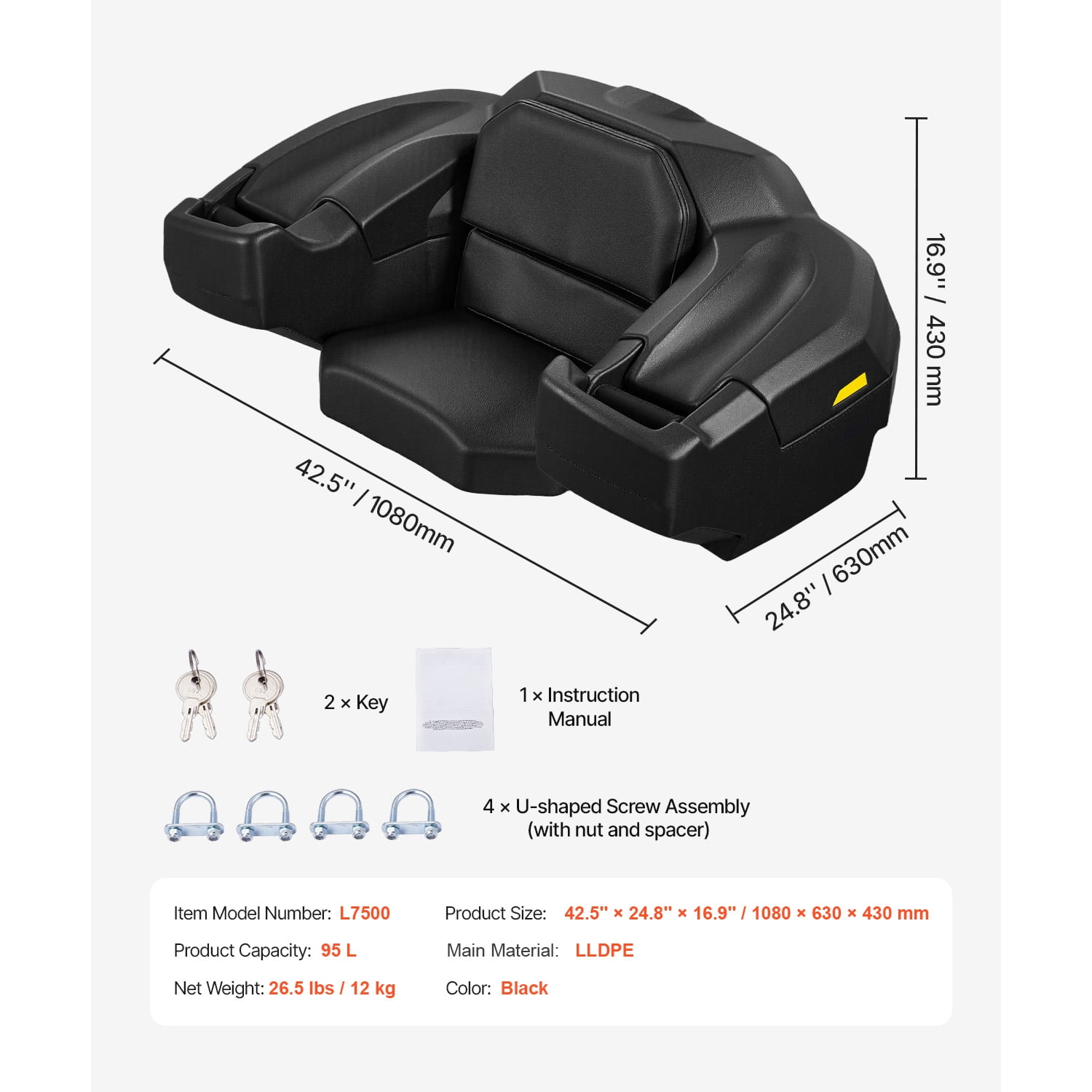 KFFKFF 95L ATV Rear Storage Box with Seat and Backrest, Durable Waterproof LLDPE Lockable Cargo Box for Rear Racks, Suitable for ATV, UTV, and Can-Am Vehicles