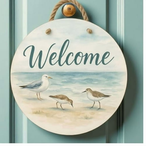 Welcome Coastal Birds Front Door Sign – Nautical Beach Wreath Wall Hanging, Waterproof PVC Outdoor Decor, Ocean Seaside Porch Decoration