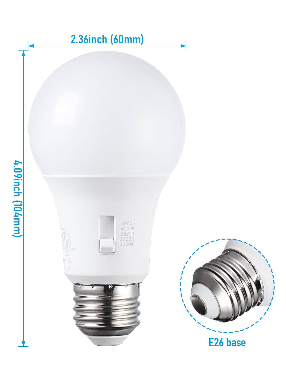 6 Pack 5CCT A19 LED Light Bulb, Dimmable, E26 Base, 2700K/3000K/3500K/4000K/5000K Selectable, 800LM, UL FCC Listed