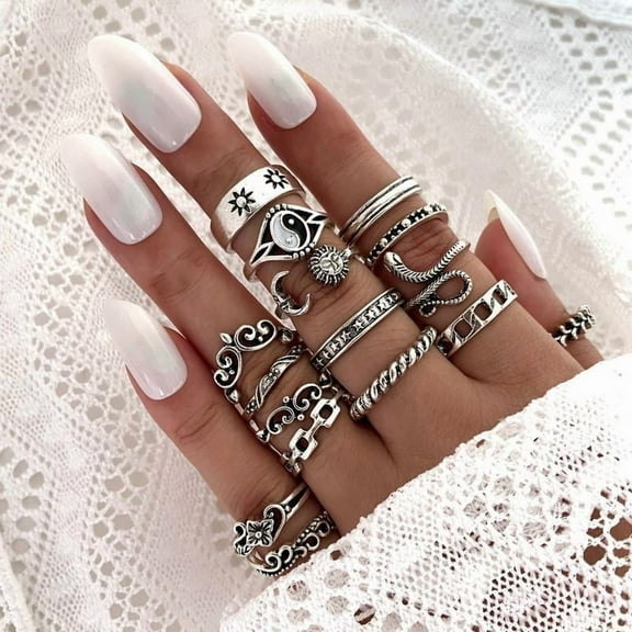 CROPD Vintage Snake Yinyang Moon Design Cuff Ring Bundles Kit, Matching Layering Stack Ring, Streetwear Punk Fashion Accessories for Both Men & Women for Gift