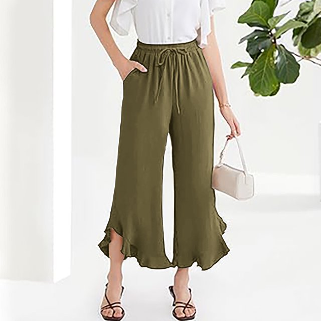 New Release,Women's Casual Sports Pants, Solid Color Drawstring, Pocket Ruffle, Comfort Fit, Yoga/Workout, Breathable Material, Quick Dry, For All Sizes Timeless Style|100%Polyester,Army Green