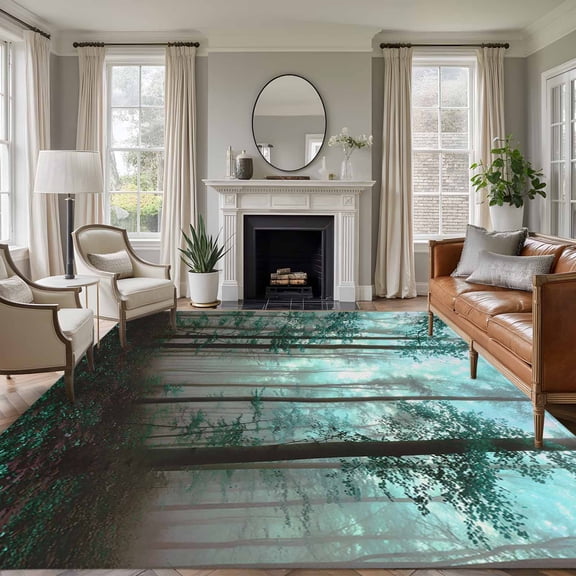 Area Rug for Living Room, Teal Forest Non-Slip Indoor Large Carpet for Bedroom/Dining Room, Vintage Foggy Woods Tree Washable Low-Profile Rectangle Floor Runner Rugs - 5 x 7 Ft