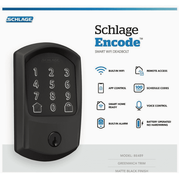 Schlage Encode WiFi Enabled Single Cylinder Electronic Deadbolt - Single Pack — Construction & DIY Use, Standard Hardware Spec