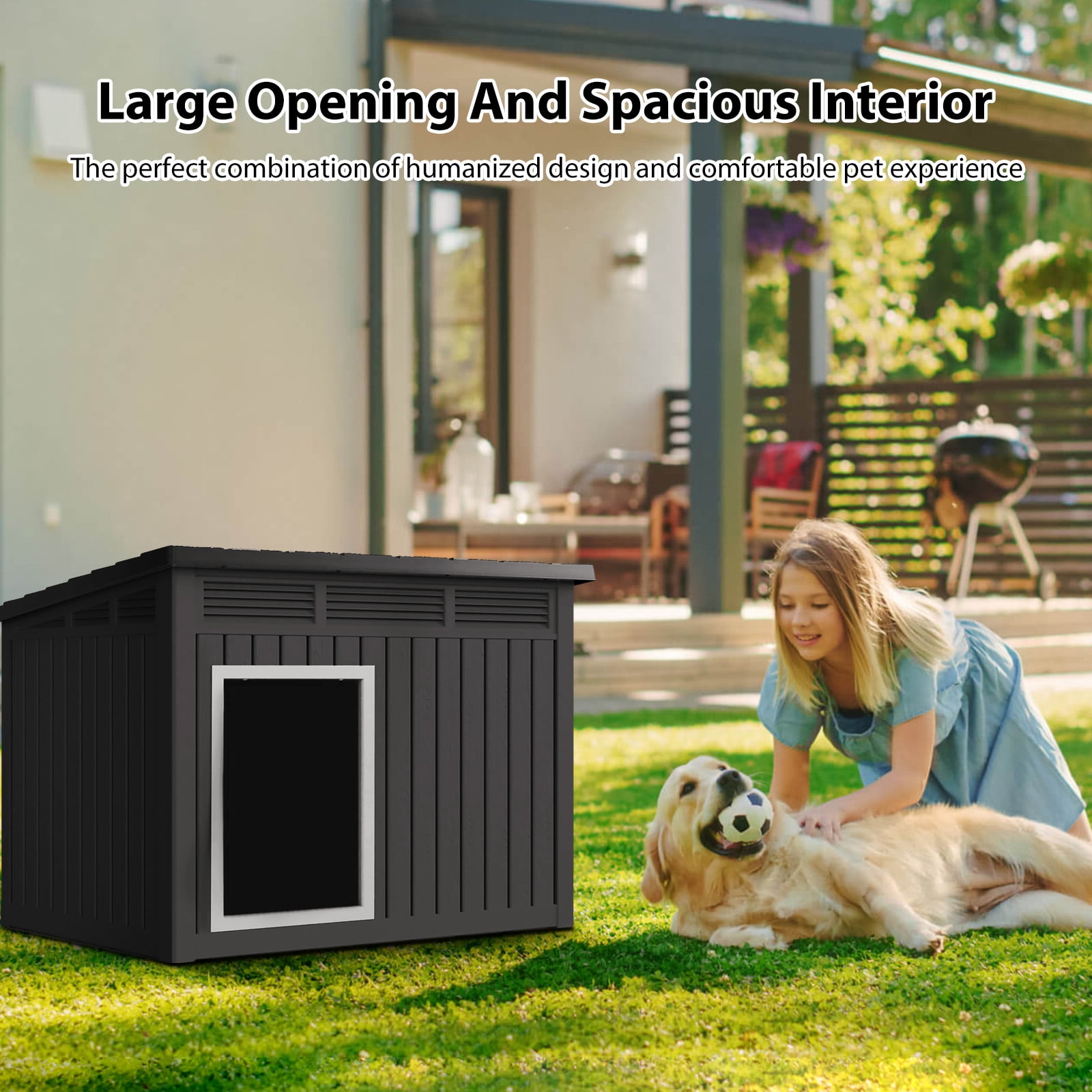 FOMIYES Weatherproof Slanted Top Roof Large Plastic Outdoor Indoor Dog House, Black