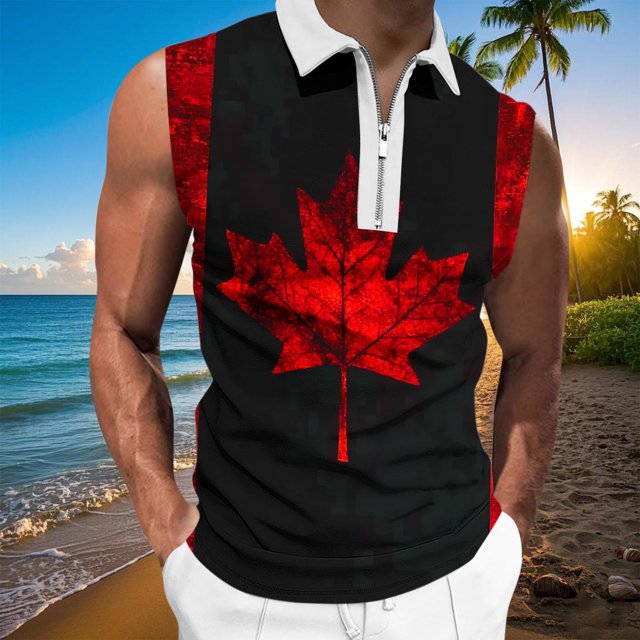 Camiseta sin mangas con cuello vuelto para hombre, informal, a la moda, sin mangas, con estampado y cremallera, blusa deportiva de poliéster para hombre
