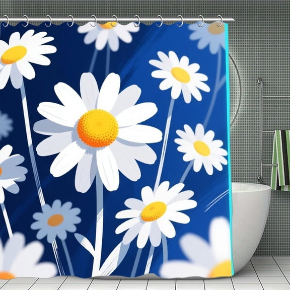 Blue Daisy Print Shower Curtain,Modern Fabric Waterproof Shower Curtain Set with Hooks 70.8×70.8Inch (180×180cm)