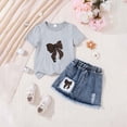 thumbnail image 2 of TOWED22 Kid Girls Clothes Outfits Cute Sweet Bowknot Print T-Shirt + Bowknot Print Denim Skirt Summer Clothing Set(Grey,2-3 Y), 2 of 7