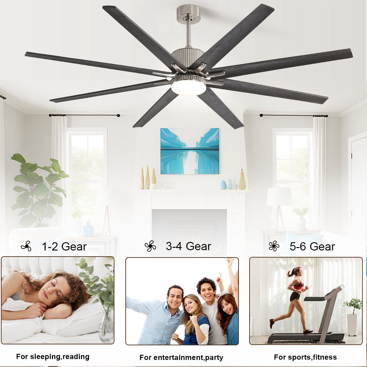Sofucor 76 Inch Large Industrial Ceiling Fan with Light, Smart Fan with Remote & APP Control, Compatible with Alexa Google, Solid Wood 8 Blade, 3 Downrod