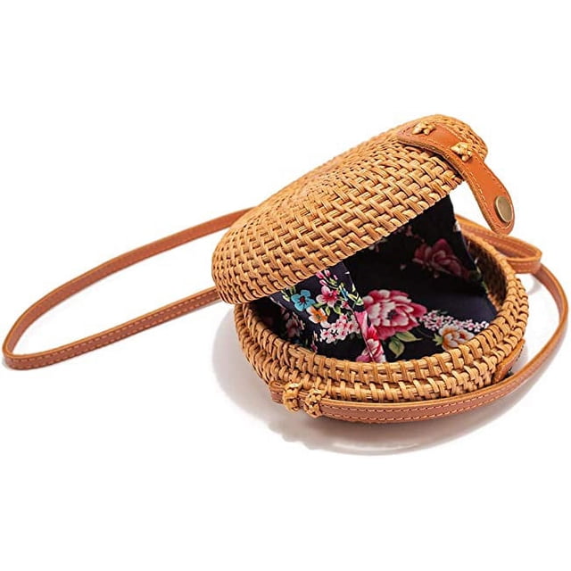 Nvzi Bolso bandolera de paja de ratán tejido a mano con forma circular para mujer, de 7,1 pulgadas, con correa ajustable de piel auténtica, estilo natural y elegante, pequeño