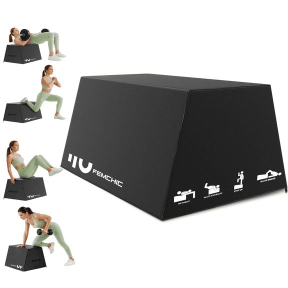FEMCHIC Hip Thrust Bench 700LB, Multi-Functional Total Body Workout Box for Home Gym, Glute Bridge, Core & Ab Strength Training, Foam Plyometric Jump Box (L