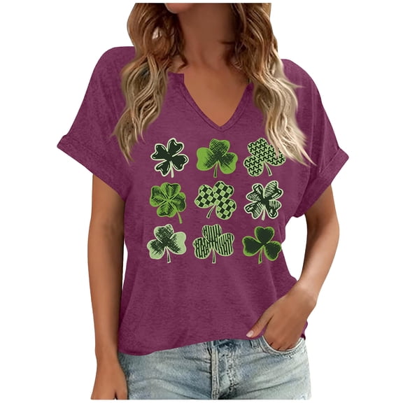 BLTIBY St. Patrick's Day Shirts for Women Shamrock Shirt Clover Printed Irish Gift Casual Loose V Neck Short Sleeve Pullover Tops Purple 4 XXL