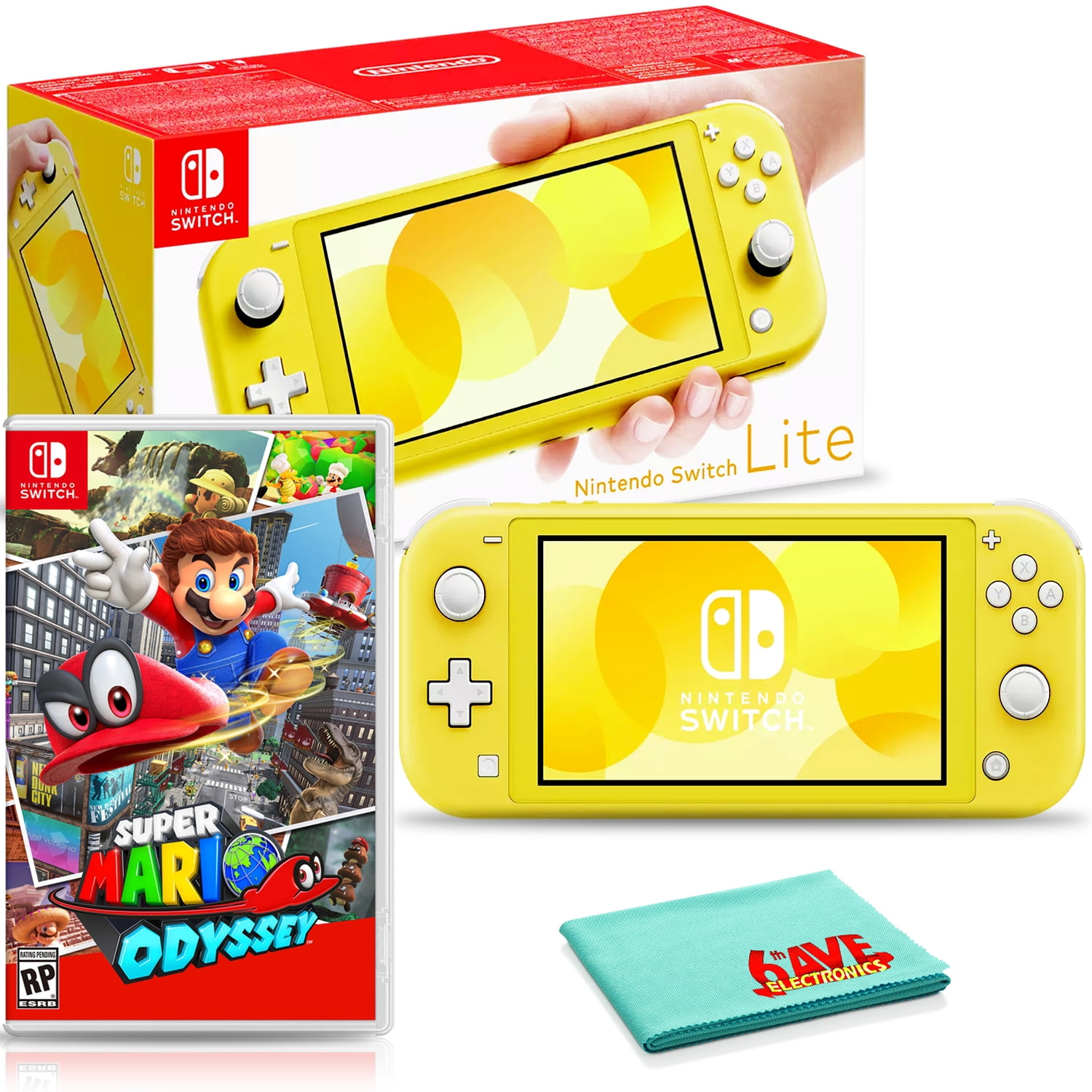 Nintendo Switch Lite (Yellow) Bundle with Super Mario Odyssey and 6Ave
