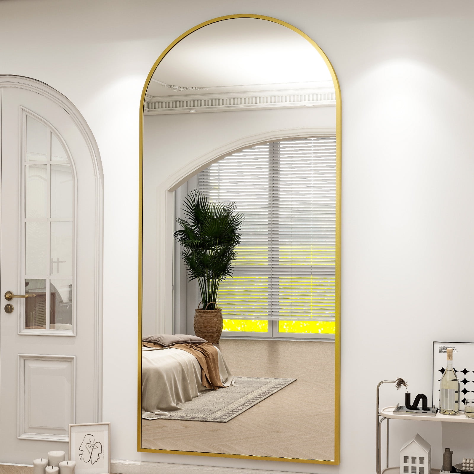 Anyrose 34"x76" Full Length Mirror with Arch-Top Standing Mirror Wall Mounted, Gold