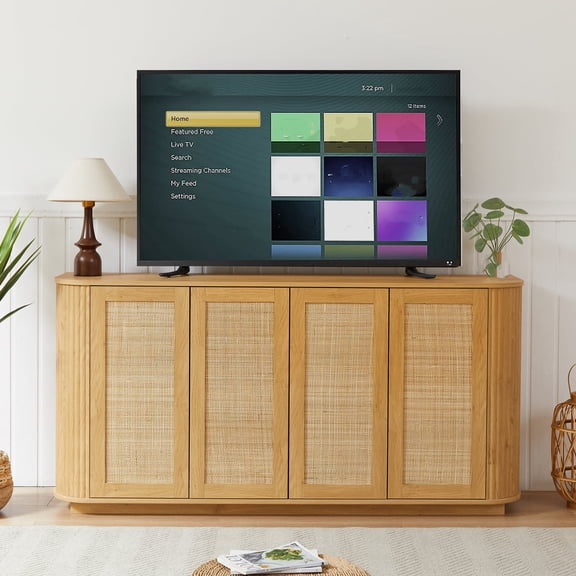 Nmkwnr Storage Cabinet with Rattan Doors, 64 inch TV Stand for Kitchen/Bedroom/Entryway, Brown, 64"W x 15"D x 31.5"H