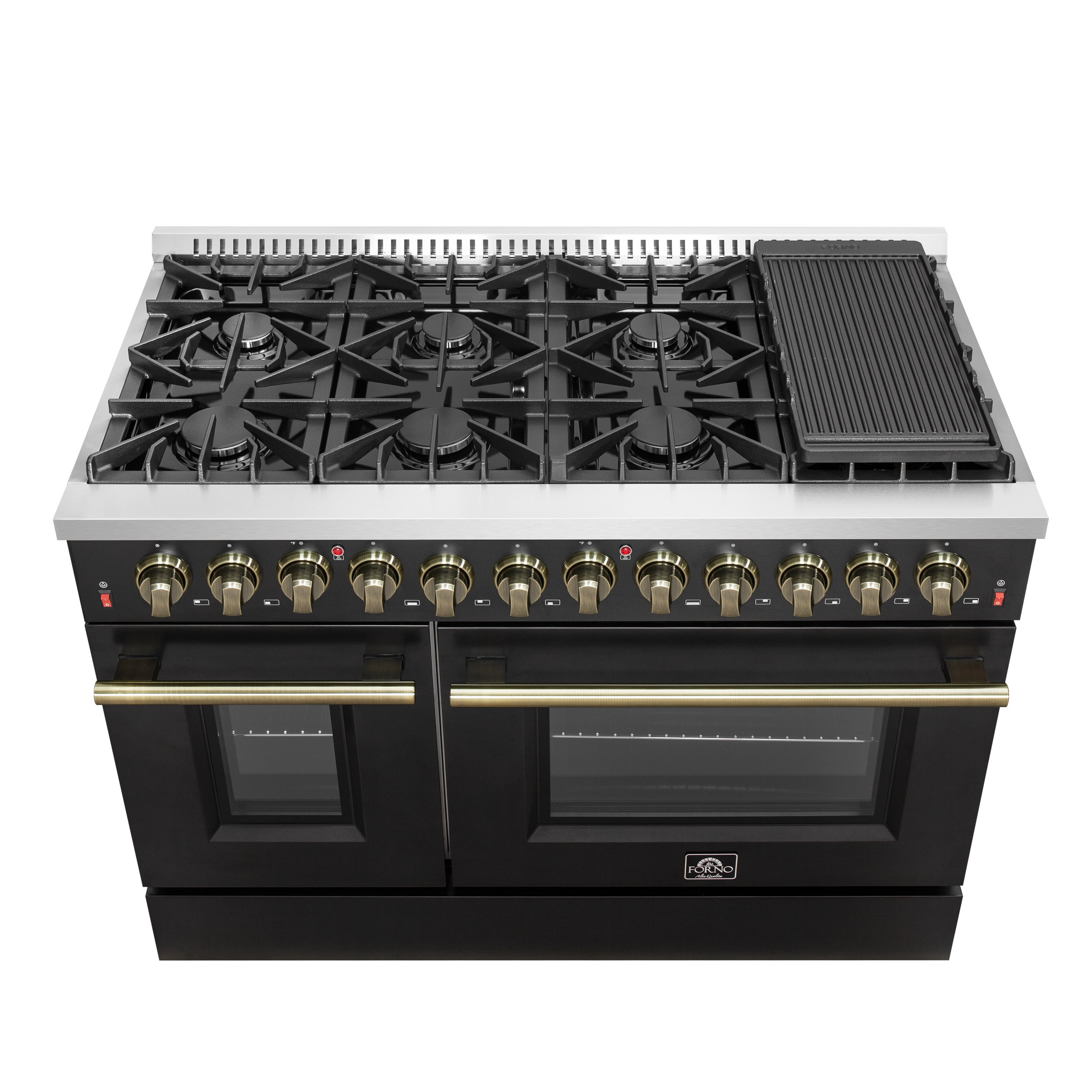 Galiano 48-inch Dual Fuel Range Black  Antique Brass Design with 8 Sealed Burners 107,000 BTU, 6.58 cu. ft. double ovens  Griddle
