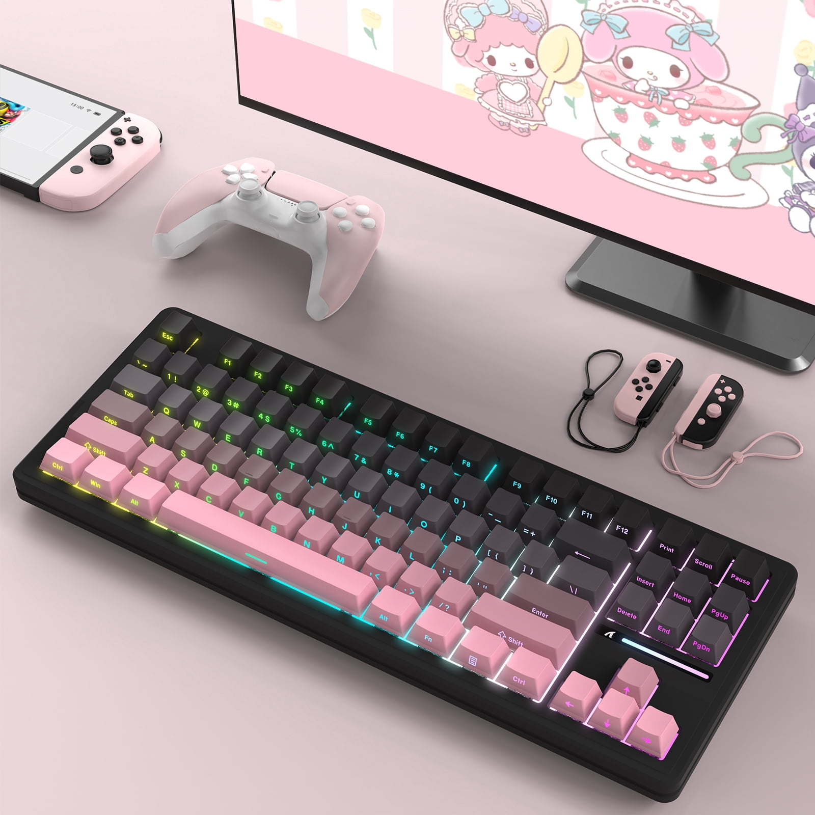 ATTACK SHARK M87PRO TKL Wireless Mechanical Gaming Keyboard, BT5.0/2.4G/USB-C Wired Hot Swap RGB Keyboard 80% US Layout, Linear White Switches Gradient Side Print PBT Keycap for PC Mac