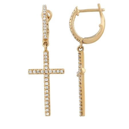 14k Yellow Gold Holy Cross Dangle Earring 0.26ct Diamond Earrings For Women & Teens