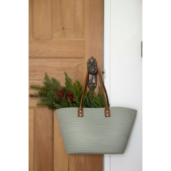 GREEN COTTON BAG WITH BROWN HANDLES