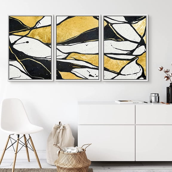 PixonSign Framed Wall Art Print Set Gold and Black Interlocking Circles Geometric Shapes Illustrations Modern Art Chic Dramatic Multicolor Dark for Living Room, Bedroom, Office - 16"x24"x3 White