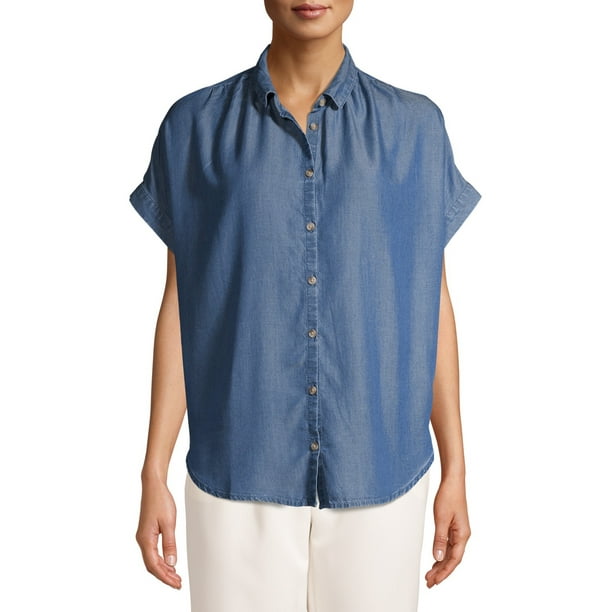Time and Tru Women's Button Front Shirt with Rolled Sleeves - Walmart.com