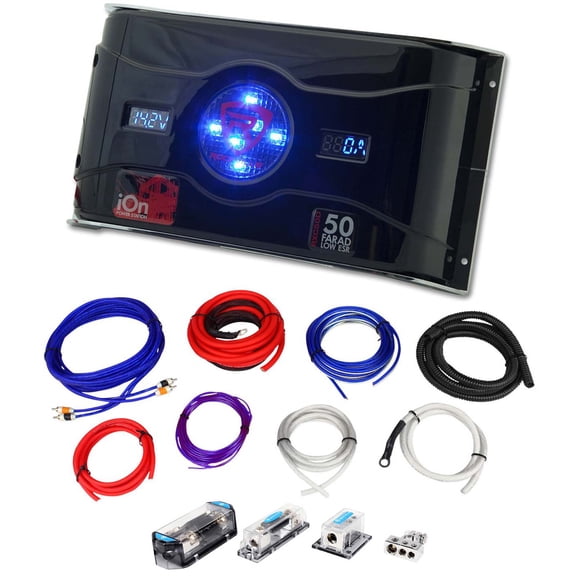 Rockville Dual 0/4 Gauge Multi-Amp Wire Kit Dual Meter 50 Farad LED Capacitor