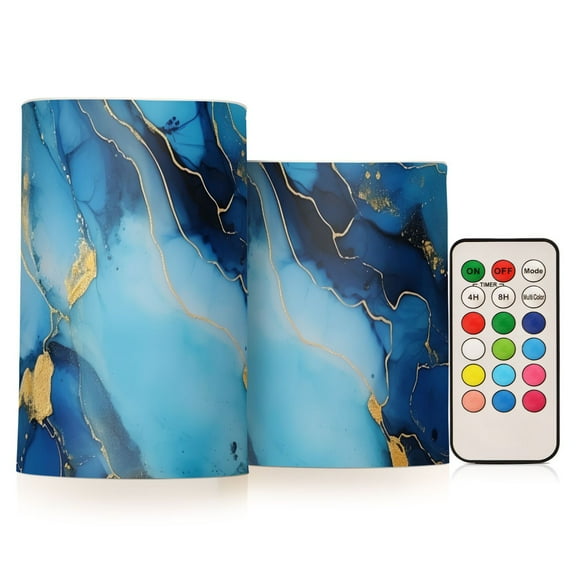 Sapphire Blue White Marble Flameless Candles with Remote Timer LED Battery Operated Flickering Candle Light for Festival Wedding Home Party