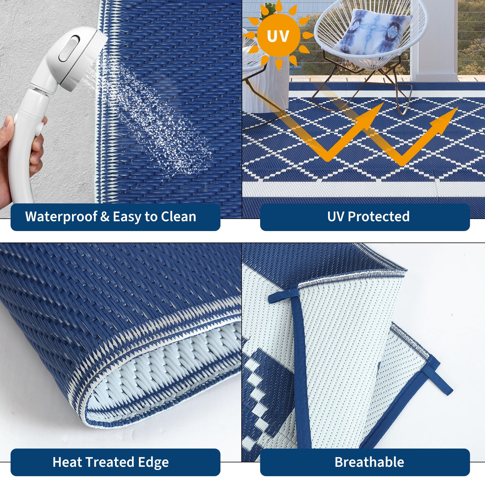 Hasoo 9' x 12' Blue/White Outdoor Rug for Patio Decor Waterproof Plastic Straw Modern Geometric Bordered Carpet PP Tube Woven Portable Camping Mat for Picnic Balcony