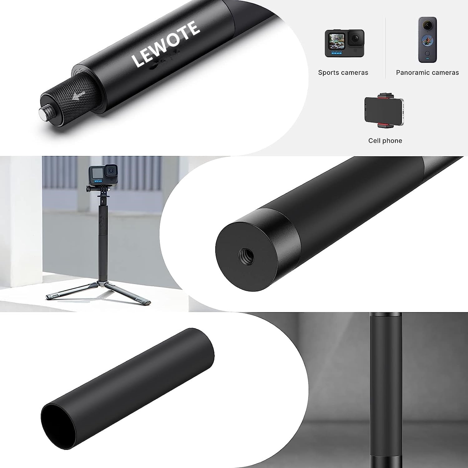 LEWOTE Extendable Selfie Stick Compatible with Insta360 One X2 X3 XR/RS/GO 2 GO 3, Gopro Series,DJI Action Series Monopod Accessories[with Detachable Tripod] (47Inch(120cm))