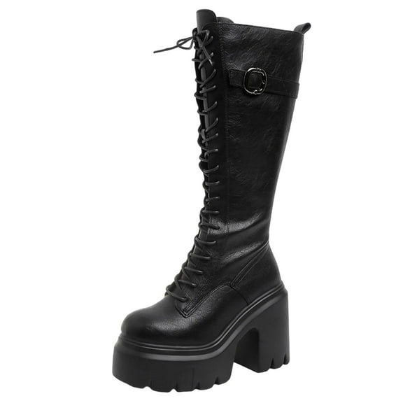 Black Ladies Knee High Boots With A Thick Sole And Lace Up Closure For A Versatile And Trendy Outdoor Look