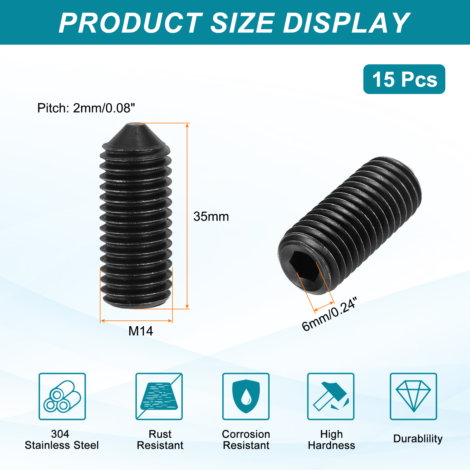 15 Pcs M14x35mm Set Screws, Carbon Steel Cone Point Hex Socket Grub Screw