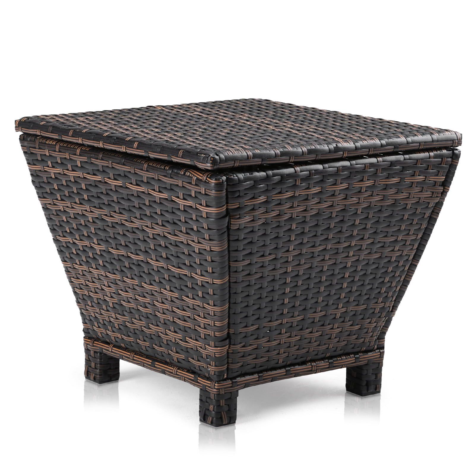 Brown Gradient Outdoor PE Rattan Storage Side Table 13 Gallon Weather Resistant Patio End Table With Pneumatic Lid Sturdy Iron Frame Garden Deck Accent Table