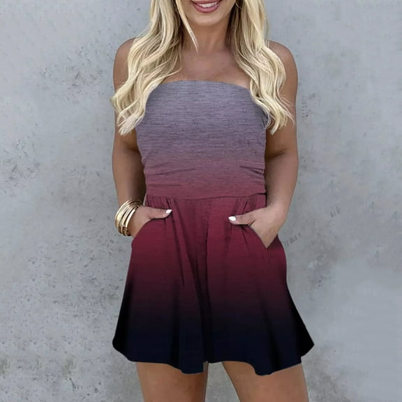 Mqqzkk Women Summer Casual Strapless Rompers Tube Top Shorts Jumpsuit Out Of Shoulder Beach Romper with Pocket