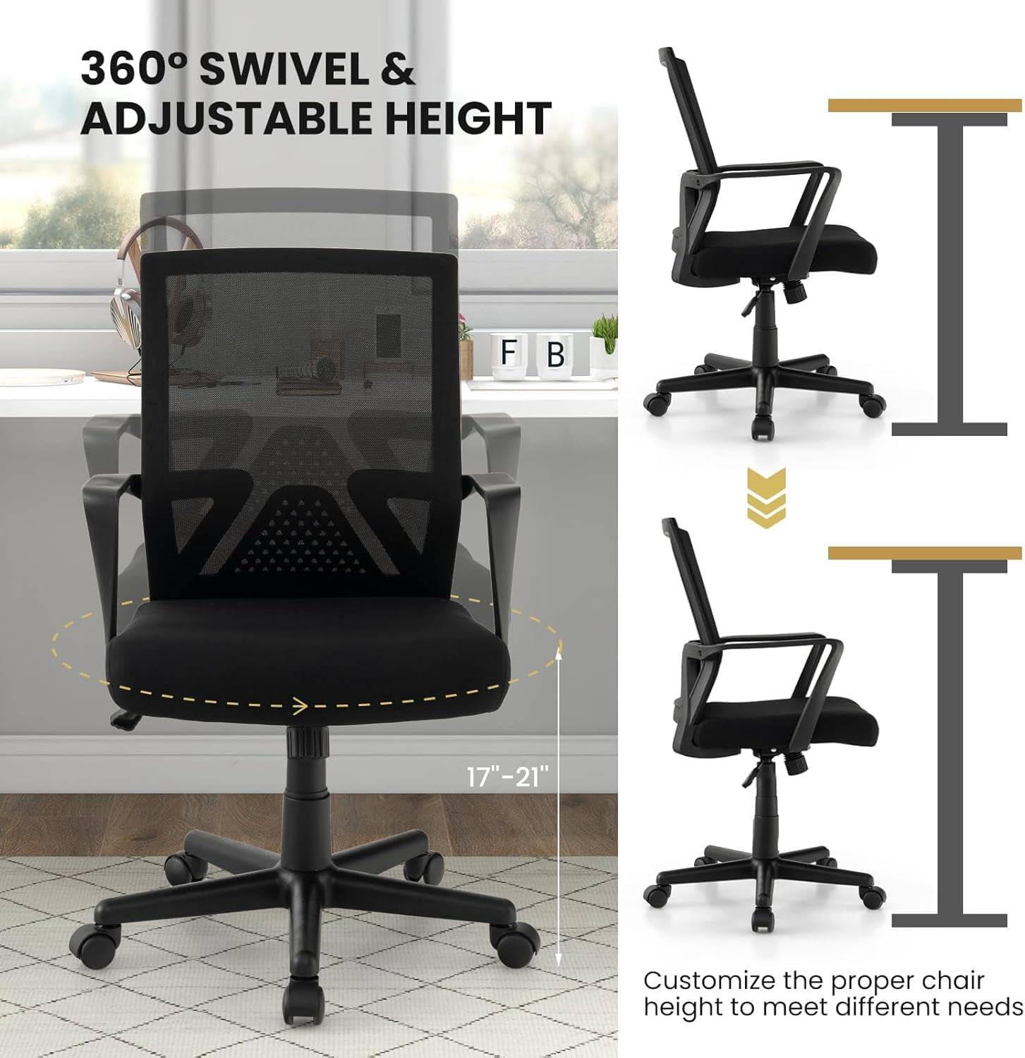 MOONMISS Office Desk Chair with Lumbar Support, Ergonomic Mesh Office Chair with Wheels and Armrests, Mid Back Rolling Swivel Adjustable Task Chair, Executive Computer Chair for Home Office, Black