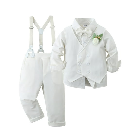 CARETOO Toddler Boy Clothes Set Wedding Outfit Formal Dress Shirt Bowtie Boutonniere Suspender Pants