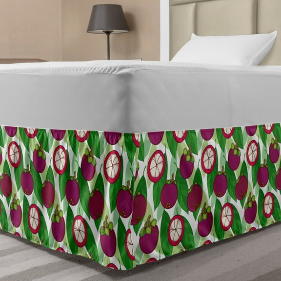 Green and Purple Bed Skirt, Exotic Repetitive Mangosteen Fruit with Leaves Pattern, Elastic Bedskirt Dust Ruffle Wrap Around for Bedding Decor, 4 Sizes, Dark Magenta Green and White, by Ambesonne