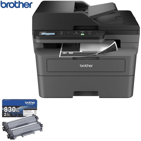 Brother DCPL2640DW Wireless Compact Monochrome Multi-Function Laser Printer Bundle with Brother High-Yield Toner, Black Twin Pack (3,000 pages/cartridge)