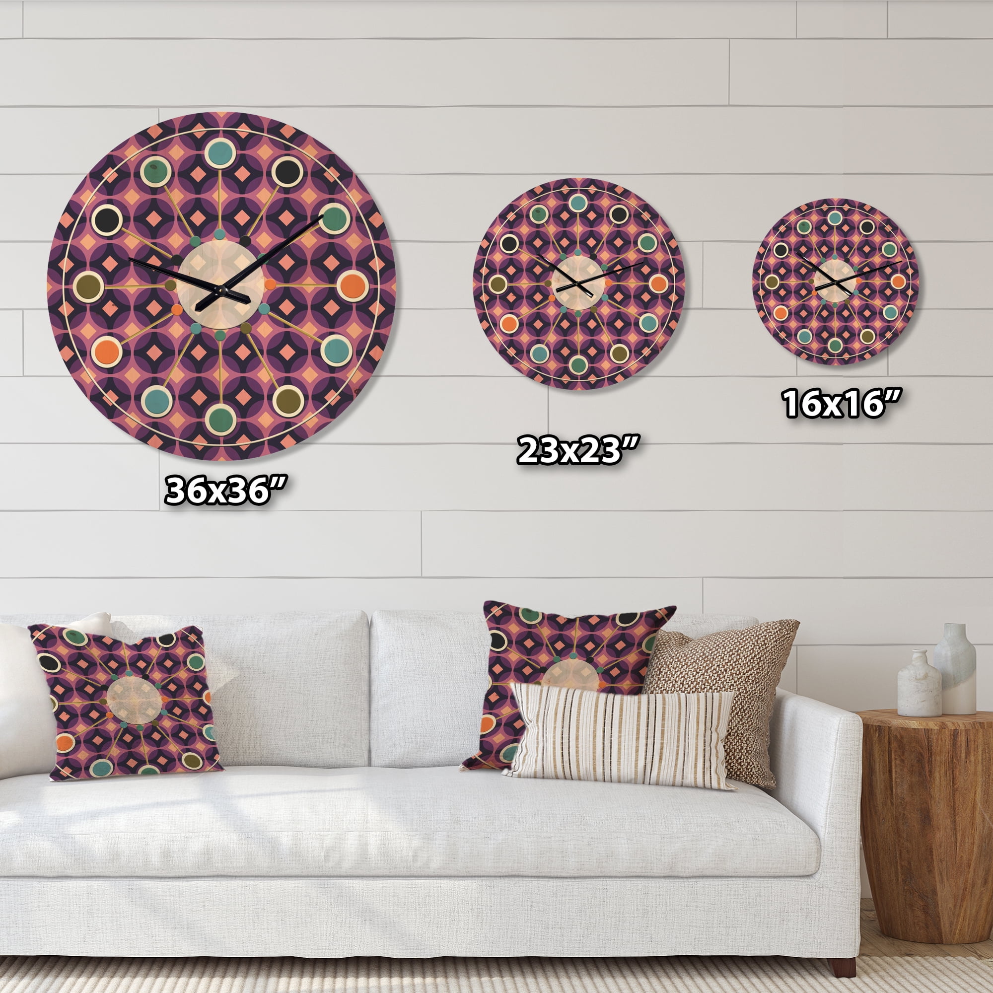 Designart 'Retro Circular Yellow and Purple Pattern' Mid-Century Modern Wood Wall Clock
