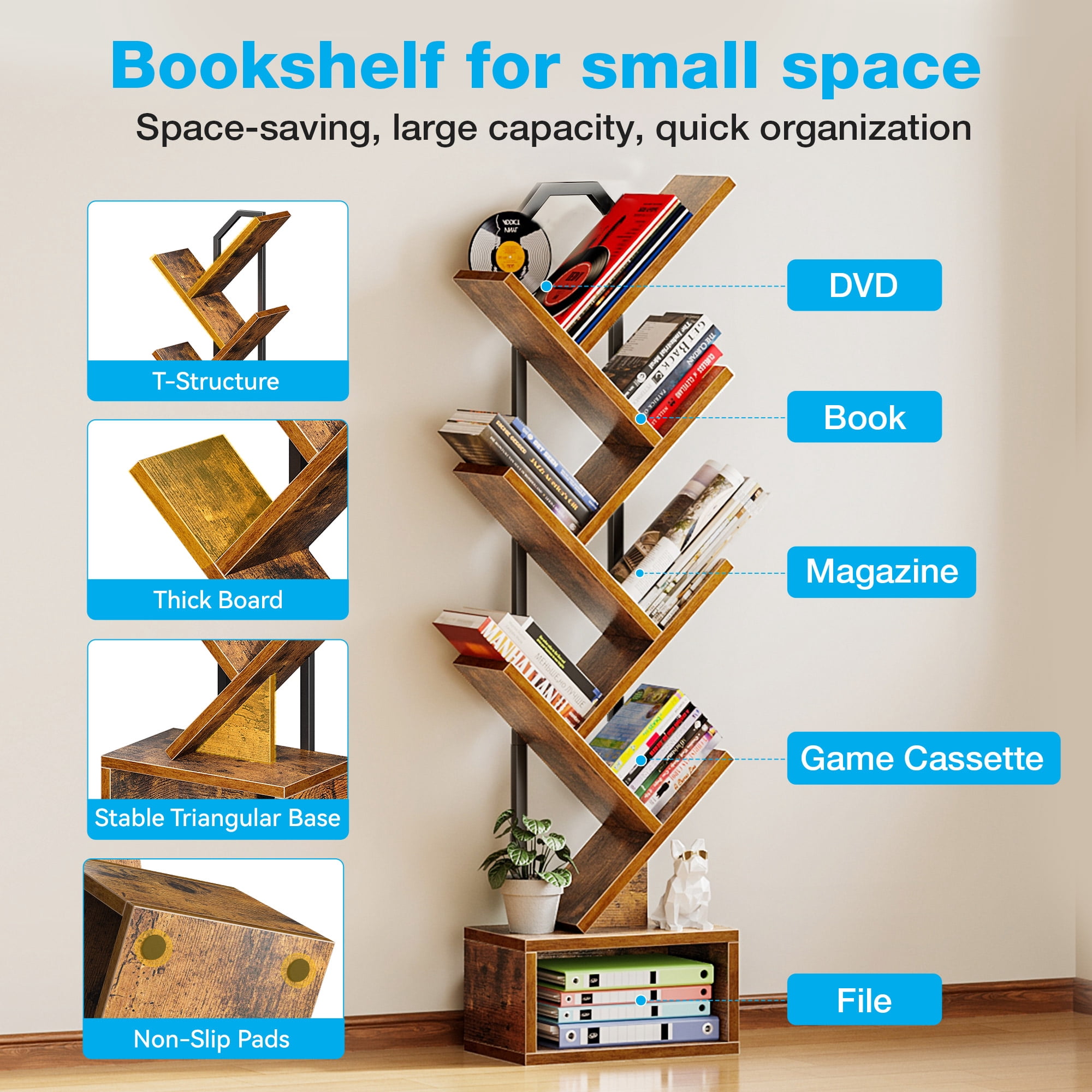 Casacomoda 6-Tier Tree Bookshelf for Corner & Small Space — Narrow Steel & Wood Bookcase, Tall Floor Standing Book Organizer Shelf with Storage Cabinet, Home Decor for Living Room, Bedroom, Vintage