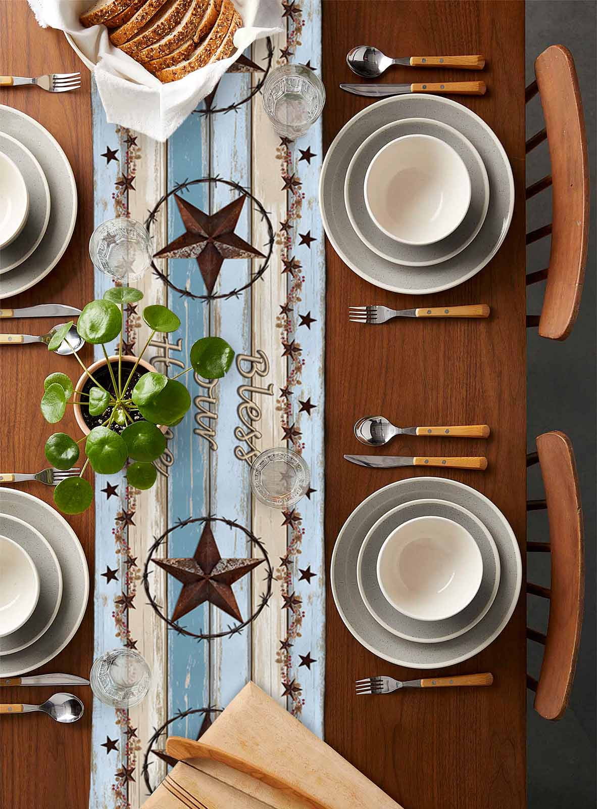 Country Star Blue Table Runner 70 Inches, Farmhouse Western Texas Star Barn Bed Runner Dresser Scarves Tabletop for Indoor Outdoor Parties/Ceremony/Banquet, 13" x 70"