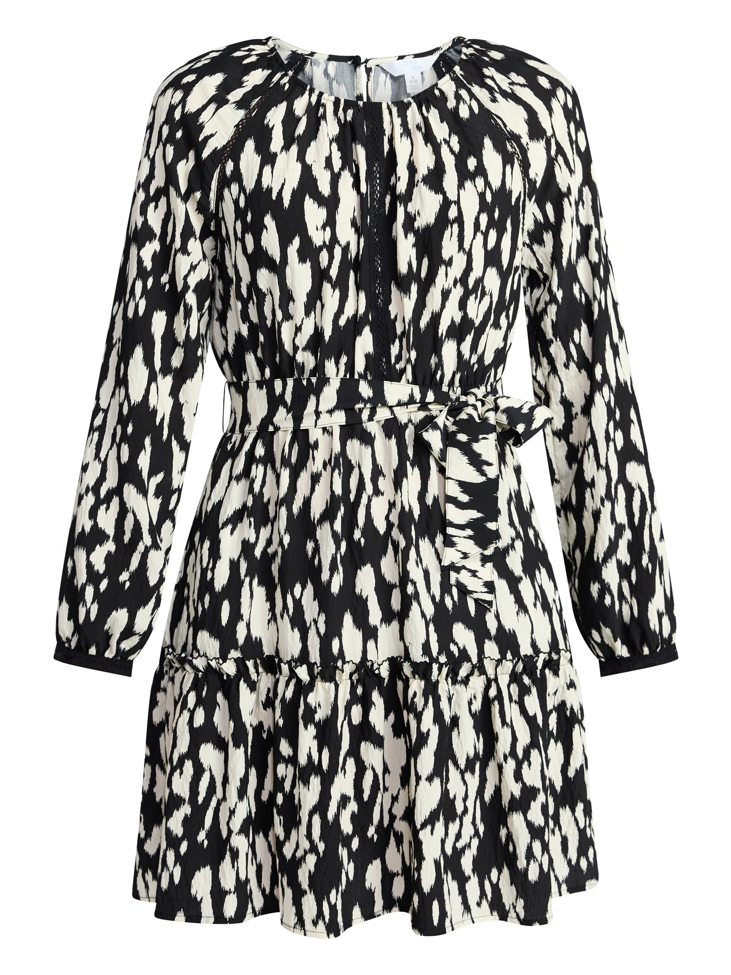 Time and Tru Women's Lace Trimmed Mini Dress with Long Sleeves, Sizes XS – XXXL