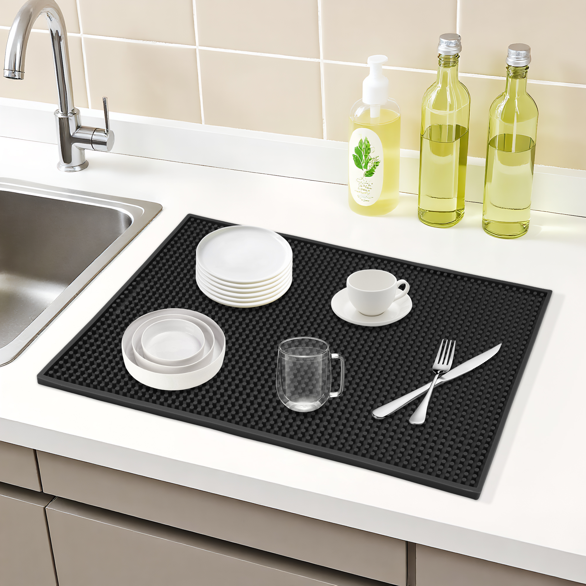 Unique Bargains Silicone Dish Drying Mat for Kitchen Counter Black 17.7*11.8*0.4 inch