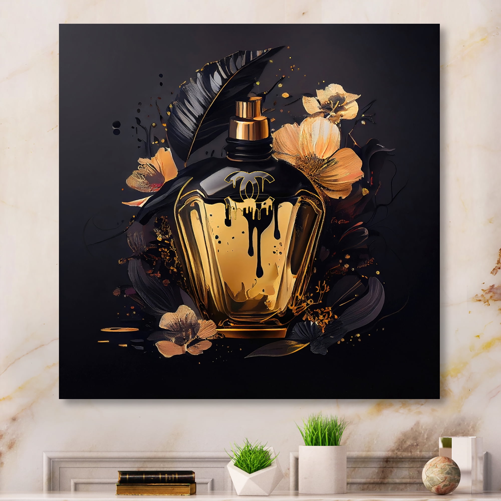 Designart Chic Black And Gold Perfume Bottle IX Canvas Wall Art