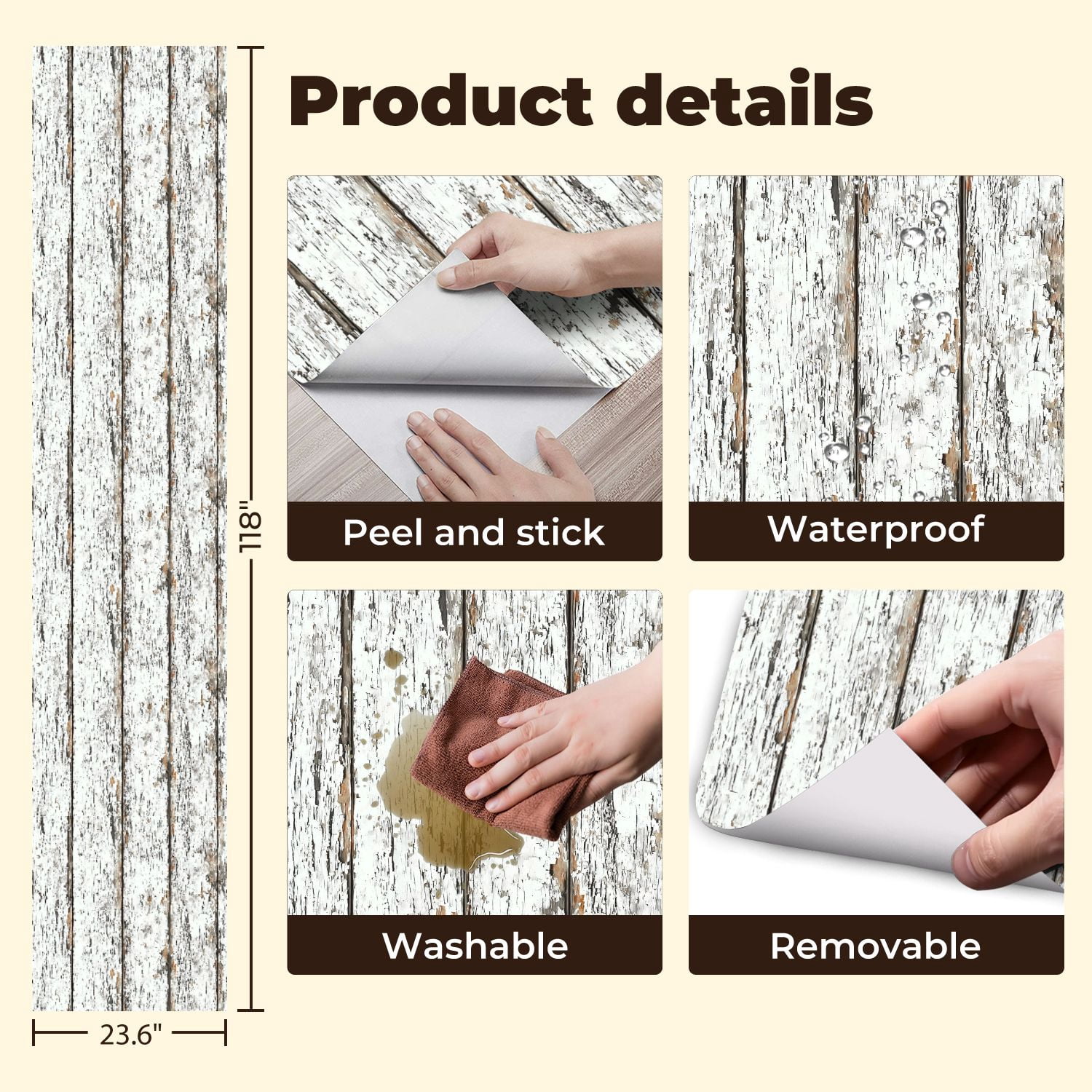 Peel and Stick Wallpaper White Rustic Wooden Planks Peeling Paint Distressed Wall Mural 23.6in x 9.8ft Self Adhesive Removable Wall Paper Renter Friendly Wallpaper for Nursery Bedroom Cabinets