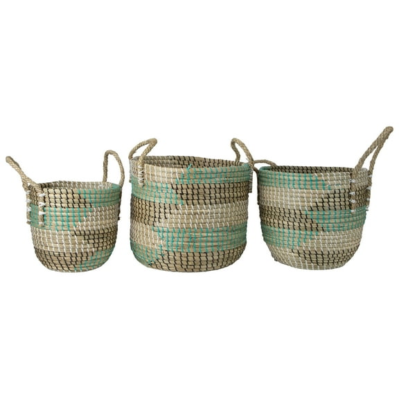 Northlight Natural Woven Seagrass Basket - Teal, Black and White - Set of 3