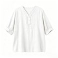 thumbnail image 6 of Womens Embroidered Cotton Linen Tops Summer Casual Boho Linen Mid Cuffed Sleeve Shirts V Neck Vacation Work Daily Blouses, L, 6 of 8