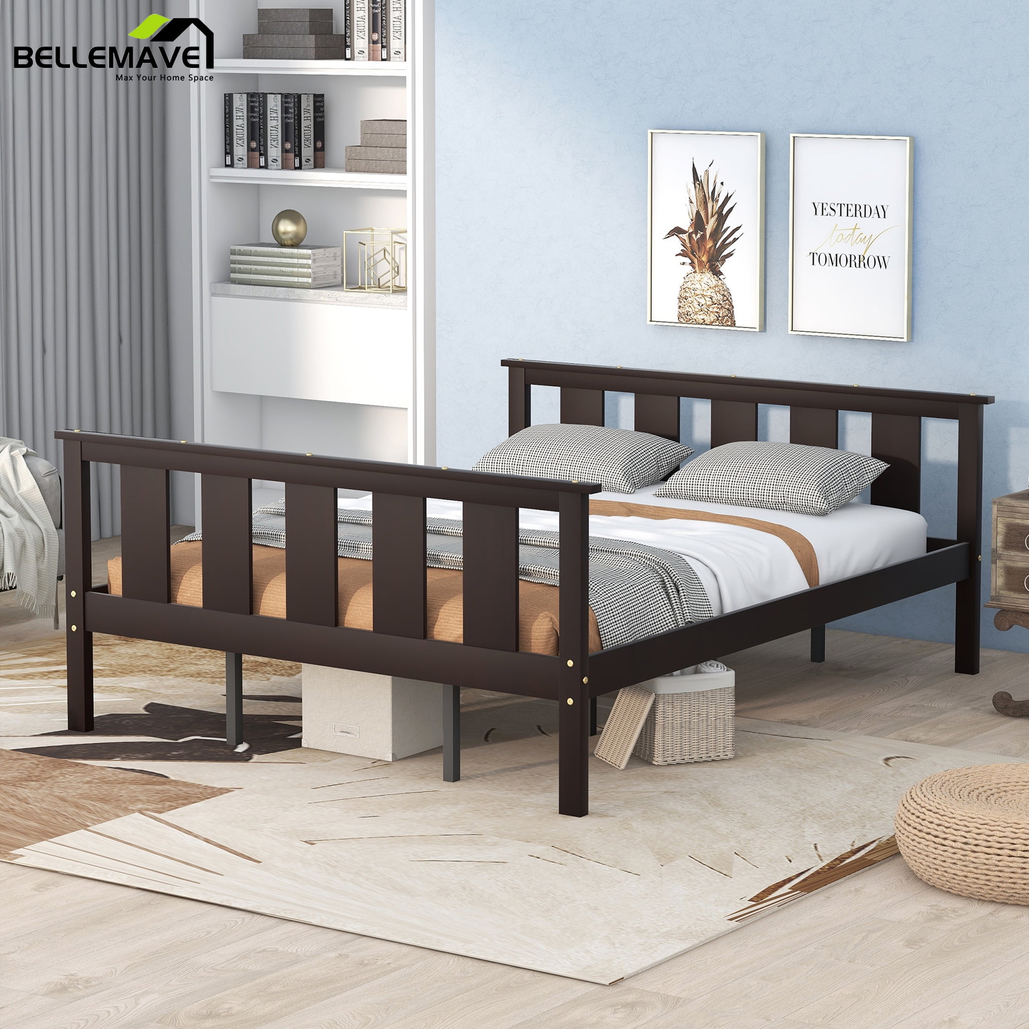 Bellemave Wood Queen Size Platform Bed Frame with Headboard and